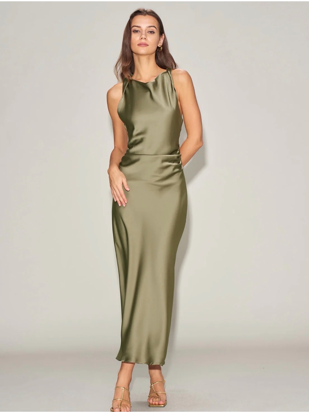 RIHOAS NWT Green Satin Boat Neck Midi Dress